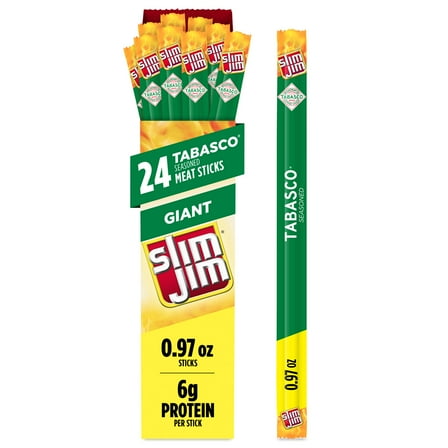 Slim Jim Giant Smoked Meat Sticks, Tabasco Flavor, 6g Protein Per Stick, 0.97 oz. (24-Count)