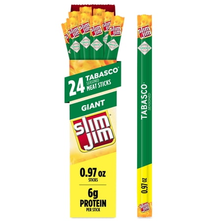 Slim Jim Giant Smoked Meat Sticks, Tabasco Flavor, 6g Protein Per Stick, 0.97 oz. (24-Count)