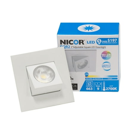 

NICOR Lighting 2-Inch Adjustable Square Eyeball 2700K LED Downlight Fixture for 2-Inch Recessed Housings White (DQR2-AA-10-120-2K-WH)