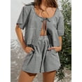 thumbnail image 5 of ZAXARRA Women 2 Piece Pajamas Set Plaid Puff Short Sleeve Tie Front Shirt Top Cute Loose Shorts Outfits Sleepwear, 5 of 8