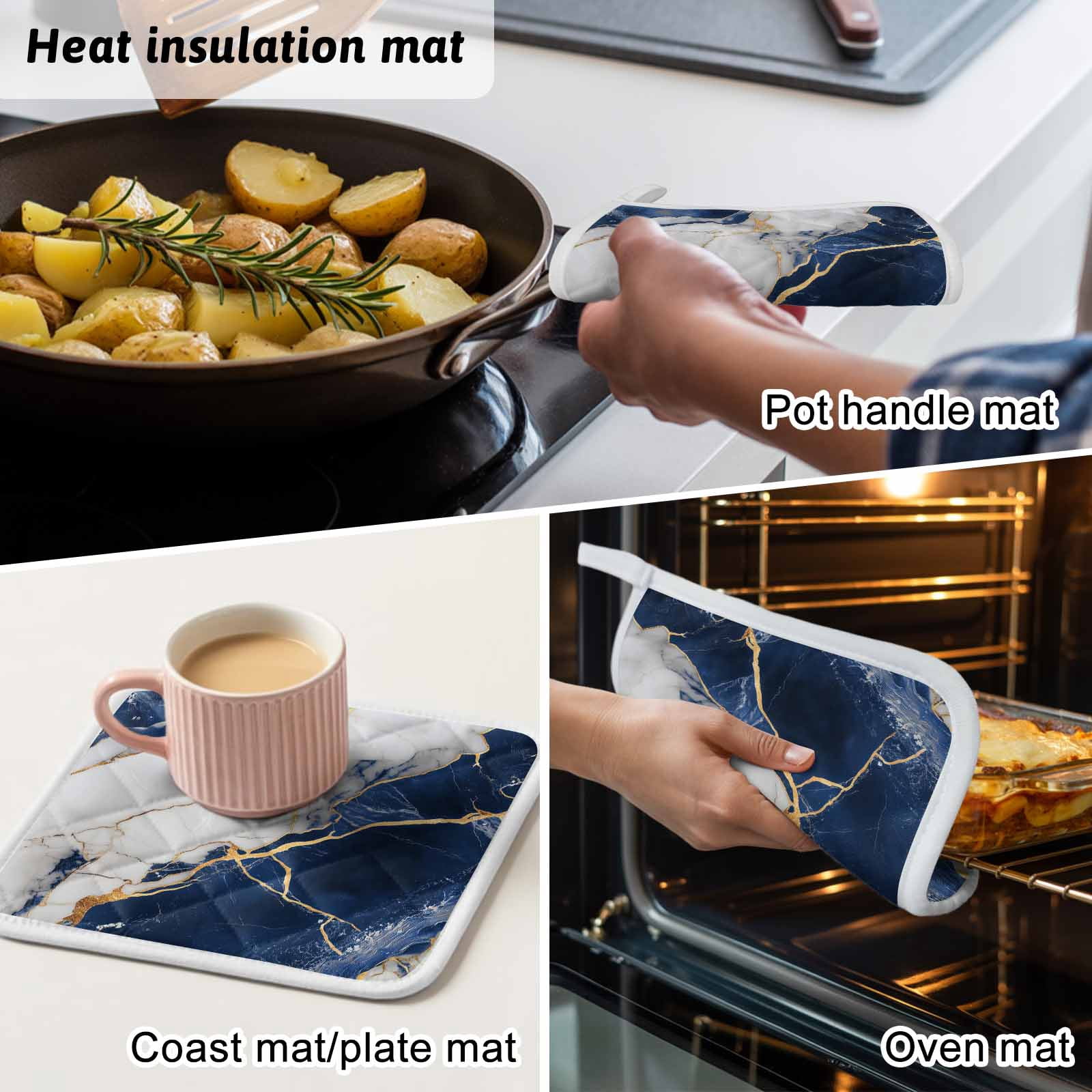 Marble Navy Blue Pot Holders for Kitchen Heatproof Potholder, 3 Pack Abstract Gold White Brick Stone Motif Hot Pads Multipurpose Oven Pads Cloth Potholders Trivet for Cooking Baking