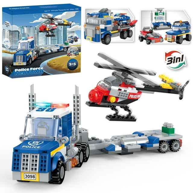 Cogo Man 3 en 1 Juego de construcción de policía de la ciudad Transportador de coches de policía Juguetes de construcción Camión de policía con remolque y helicóptero de rescate Kit de construcción de