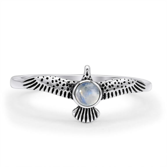 Round Eagle Oxidized Ring Moonstone 925 Sterling Silver Size 5