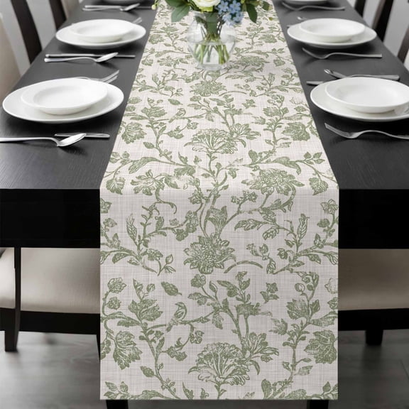 Farmhouse Sage Green Table Runner 48 Inches Long, Vintage Flower Leaf Botanical Kitchen Coffee Dining Table Decoration for Home Party Birthday Wedding Home Decor 13x48 Inches