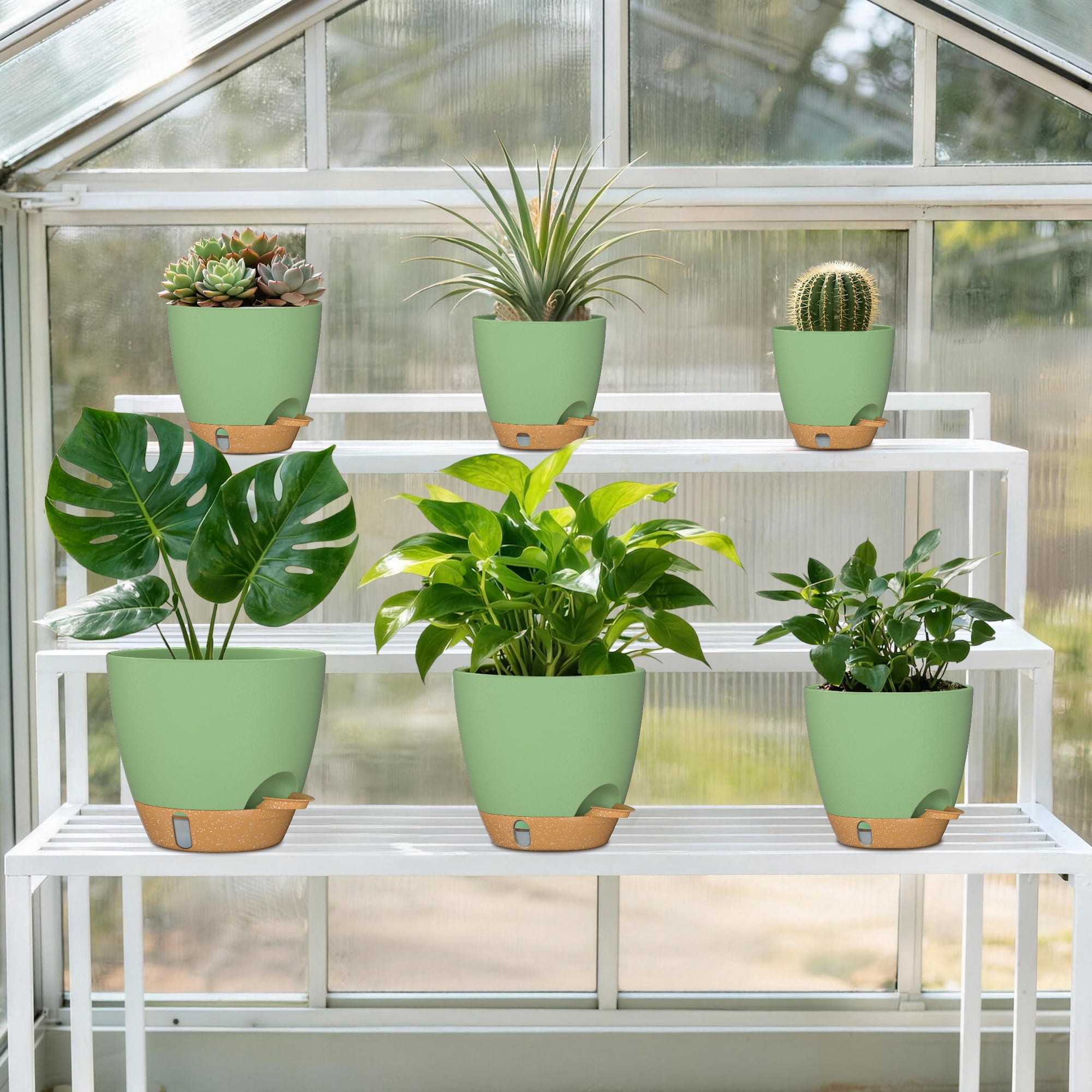 FIASON 6 Pack Plastic 5/5.5/6/6.5/7/8 Inch Green with Brown Self Watering Plant Pots,Include Watering Lip,Drainage Holes & Removable Saucer for Indoor Outdoor Garden House Plants