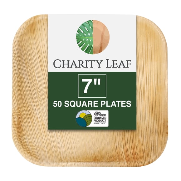 Charity Leaf Assiettes Carrées Jetables Feuille de Palmier 7 Pouces (50 Pcs) Plats de Service en Bambou, Planches Jetables, Vaisselle Écologique pour Mariages, Traiteurs, Événements