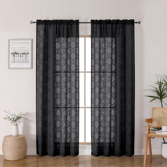 ZHIMEI-Wasa Black Sheer Curtains 84 Inches Long 2 Panels, Voile Window Curtain Drapes with Dual Rod Pockets, Semi Sheer Jacquard Curtains for Bedroom/Living Room, 42 W x 84 L