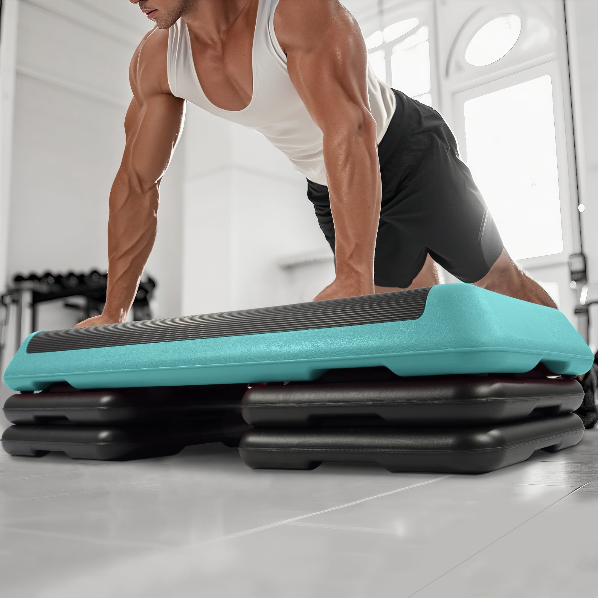 FlexWave 43-inch Aerobic Step Platform, Adjustable Fitness Stepper with 4 Adjustable Step Risers, Aerobics Stepper Workout Stepper for Aerobic Strength and Training in Home Gym, Blue