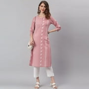 Janasya Indian Round Neck 3/4 Sleeve Animal Print Mauve Cotton Kurta For Women