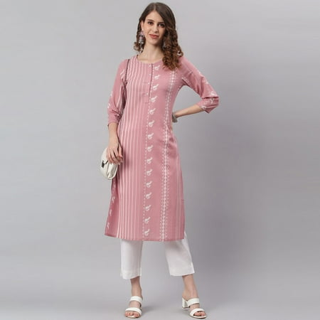Janasya Indian Round Neck 3/4 Sleeve Animal Print Mauve Cotton Kurta For Women