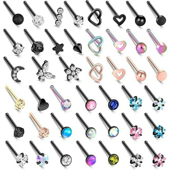 44 Pcs 20G Surgical Steel Nose Rings | Hypoallergenic Heart Butterfly CZ Studs | Unisex Body Piercing Jewelry for Daily Wear & Party
