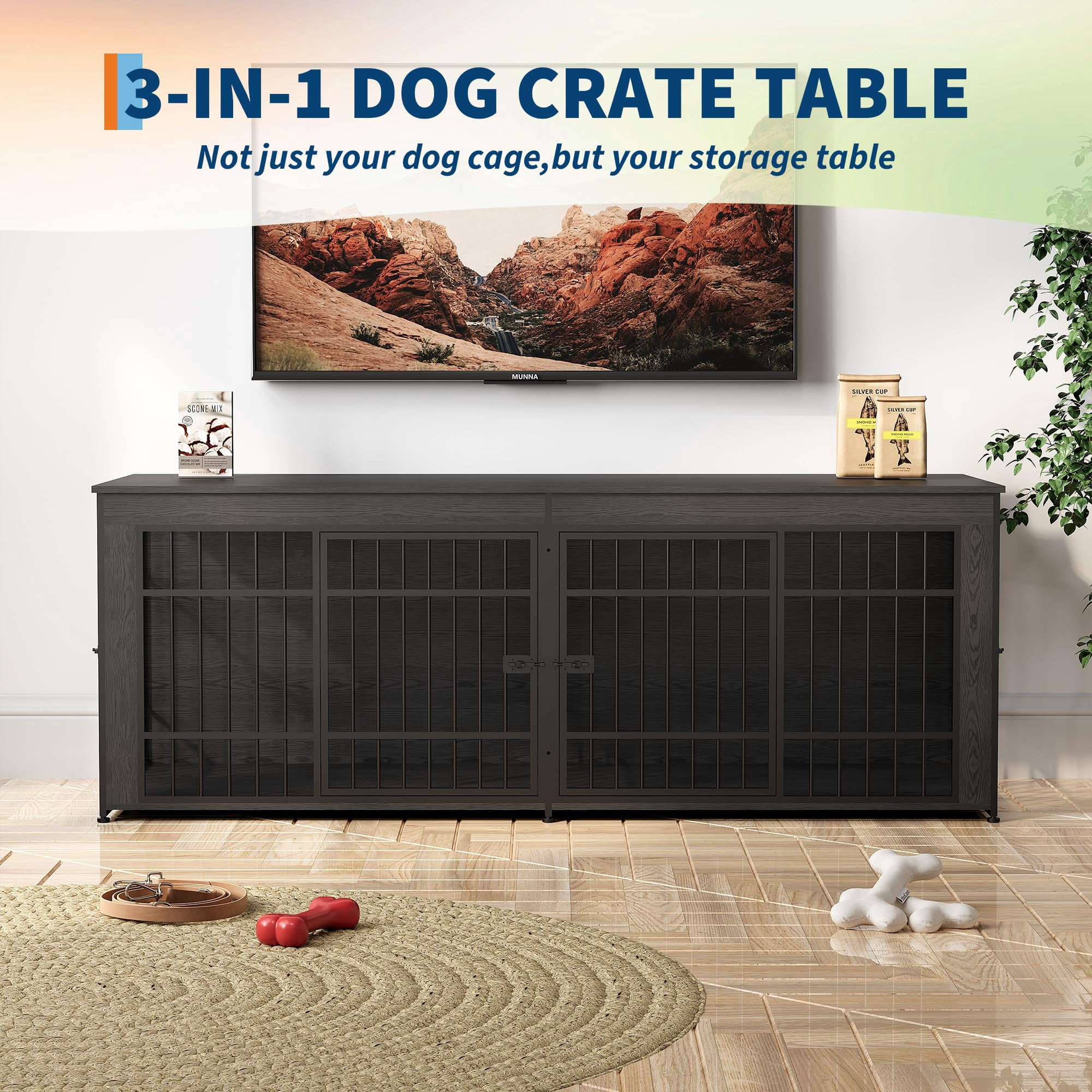 Heavy Duty Extra Large Wooden Dog House Furniture – 4 Doors, Divider & Storage – End Table TV Stand, Indoor Kennel for Large/Medium Breeds – Gray, 2m