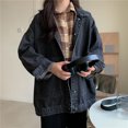 thumbnail image 6 of Women Denim Jacket Retro Single-breasted Loose Turn-down Collar Long Sleeves Solid Color Pockets Plus Size Lady Coat Commuting Shopping Jacket, 6 of 8