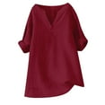 thumbnail image 4 of MIXUE Womens Summer Tops Linen Solid Color V Neck Short Sleeve Stylish Comfortable Casual T-shirts Sportwear,Red,L, 4 of 4