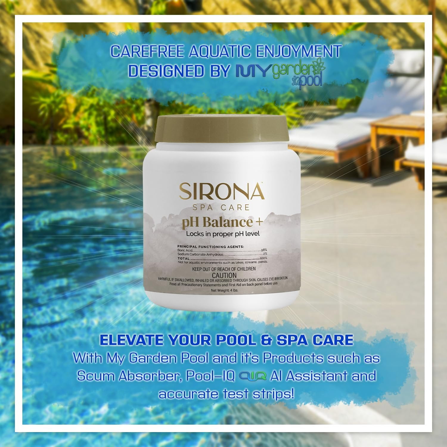 Sirona 82136 Spa pH Balance +, 3 LBS  Includes My Garden Pool 20 Ct. Test Strips & Scum Sponge  Stabilizes pH for Balanced, Clear Spa Water