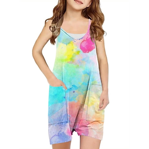 Odeerbi 5-14 Años Niñas Traje de Verano Cute Tie-Dye Camisola Romper Casual Respirable Comfortable Overalls Pantalones Cortos Con Bolsillos