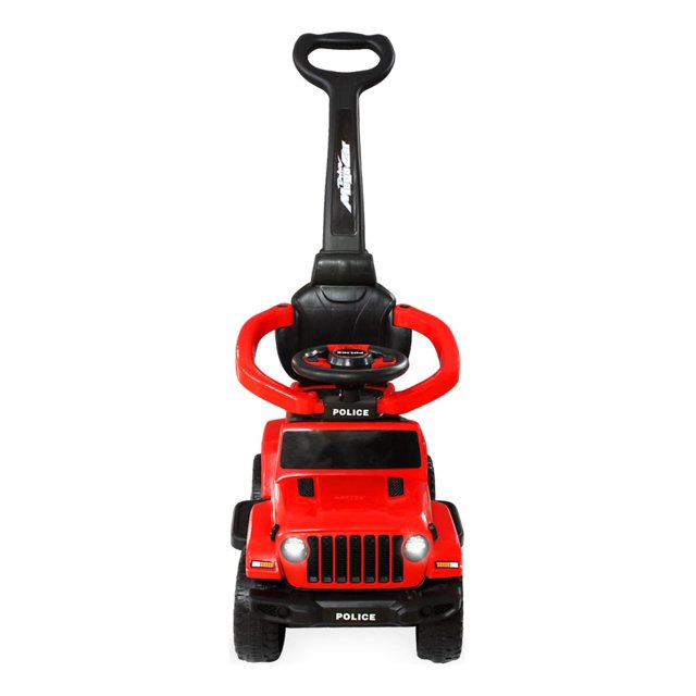 camioneta montable rm regalomex con barra de empuje luz y sonidos rojo grande vista frontal centrada de montable infantil; barra de empuje negra con asa, aro protector rojo alrededor del asiento, volante con botones accesibles para bocina, luz y música, faros delanteros, parrilla y ruedas en plástico rojo y negro. A menudo usado para paseos guiados por un adulto.