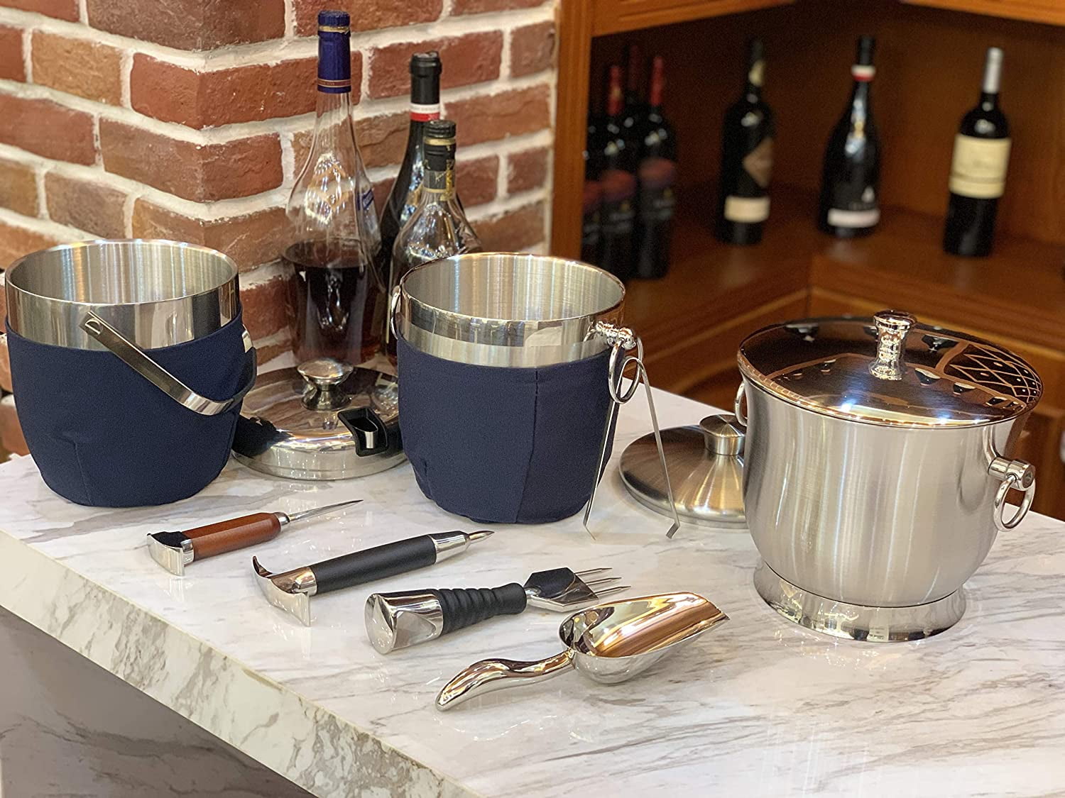Fortune Candy 2.8 L Double Wall Stainless Steel Ice Bucket, with Tongs, Scoop and Holder, Navy Blue