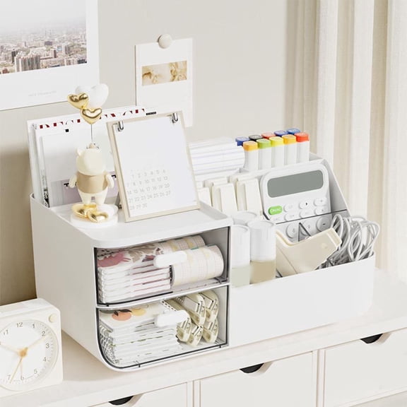 Violete Desktop Drawer Organizer Plastic White/Yellow | Large Capacity Storage Box with Transparent Cover, Easy-Pull Handles | Multi-Use Desk, Office, Home Organization Solution 27.5x17.5x12.5cm