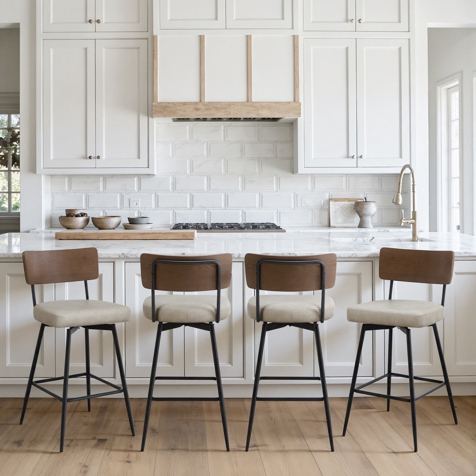 ANMINY PU Swivel Bar Stools Set of 4, 29" Seat Height, Upholstered Faux Leather Island Counter Barstools w/ Wood Mid-Back Metal Legs Home Kitchen Stool, Griege