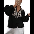 thumbnail image 2 of Camisas de Bordadas para Mujer, Blusa con Cuello en V y Mangas Abotonadas Negro L, 2 of 10