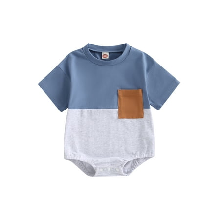 

ELF 0-2Y Baby Girls Boys Romper Short Sleeve Crew Neck Contrast Color Patchwork Summer Bodysuit for Casual Daily