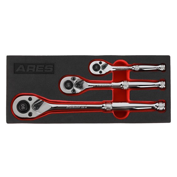ARES 42048-3-Piece 90 Tooth Ratchet Set - Premium Chrome Vanadium Steel Construction & Mirror Polish Finish - Quick Release for Easy Socket Change - 90-Tooth R