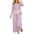 thumbnail image 2 of Women's Summer Linen Two Piece Outfits, Loose Embroidered Top Wide Leg Pants With Pockets Fashion Casual Daily Streetwear Comfort Set, 2 of 5