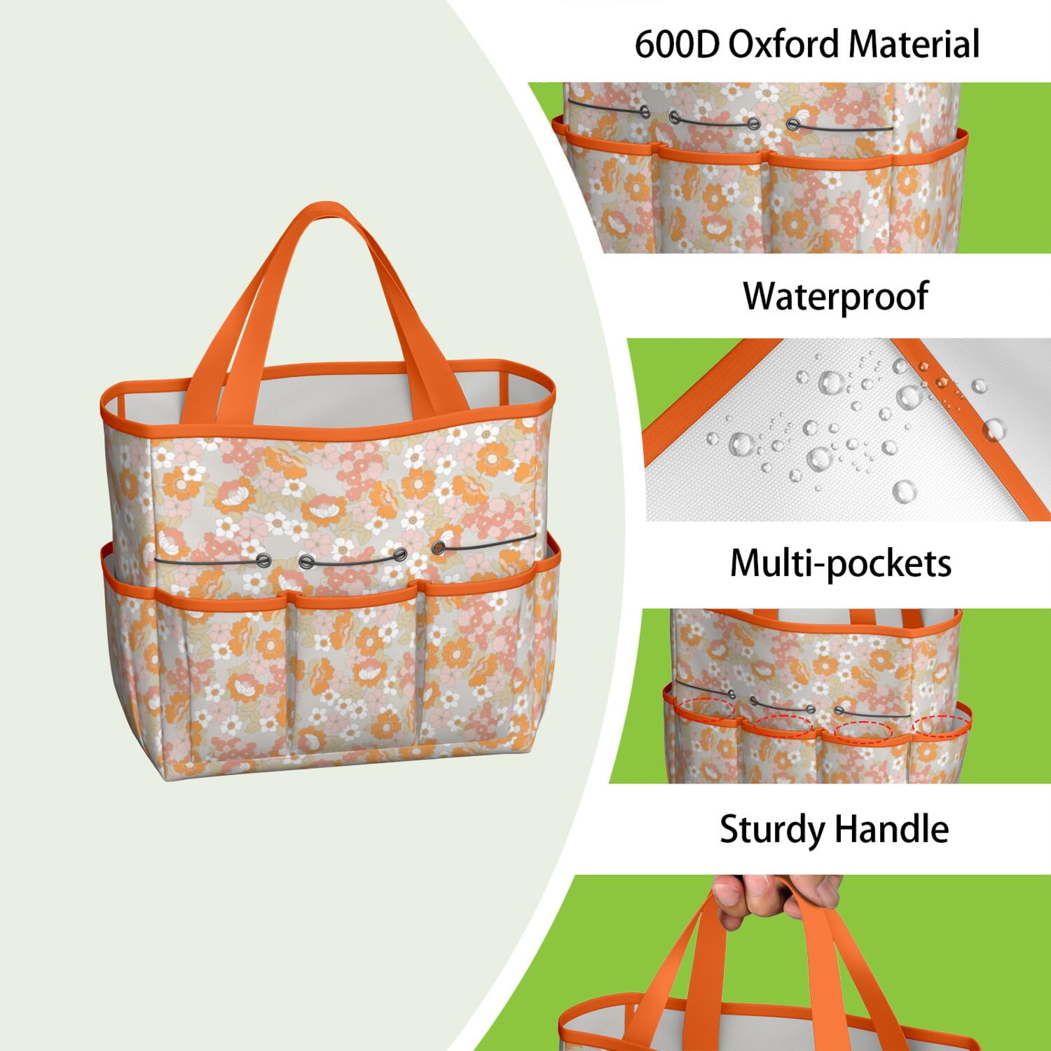Bright Flowers Garden Tools Bag, Water-proof Oxford Garden Tote Home Organizer Gardening Tool Bag Kit Holder with 8 Pockets for Indoor and Outdoor Gardening(Tools Not Included)