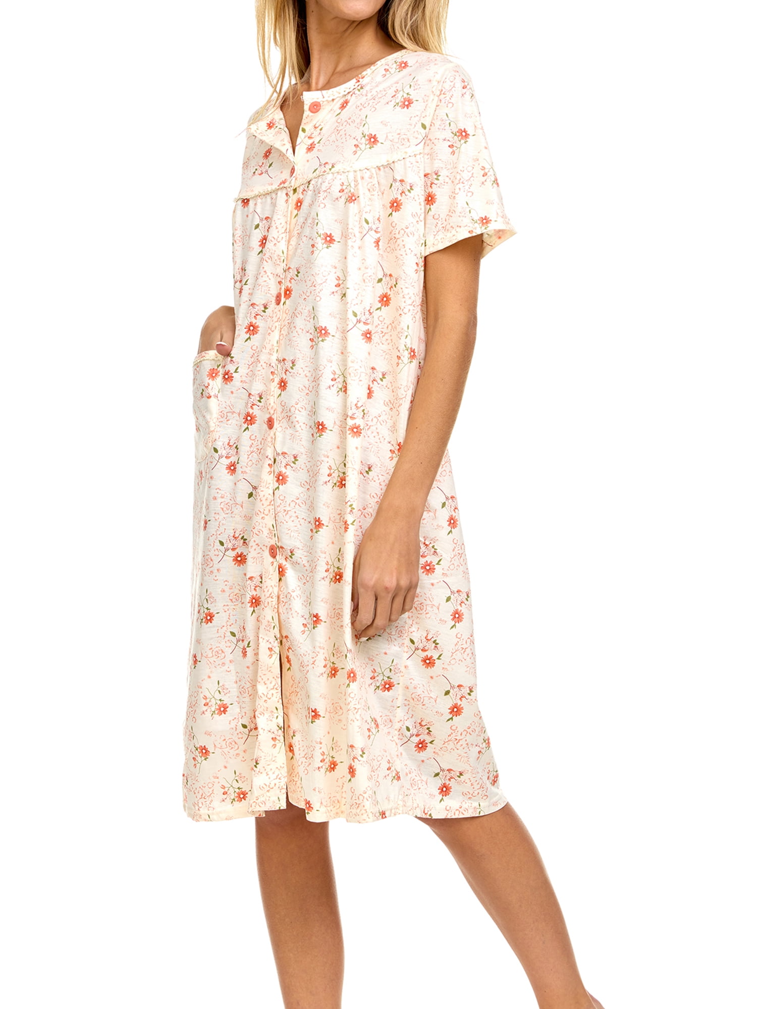 EZI Women’s Buttondown Floral Cottonrich Short Sleeve House Dress