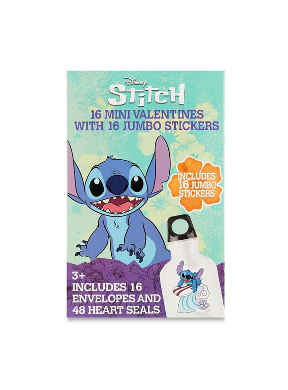 Stitch Valentine Greeting Card Set with Jumbo Stickers, Green, Blue, Purple, Paper, Party, 16 Count