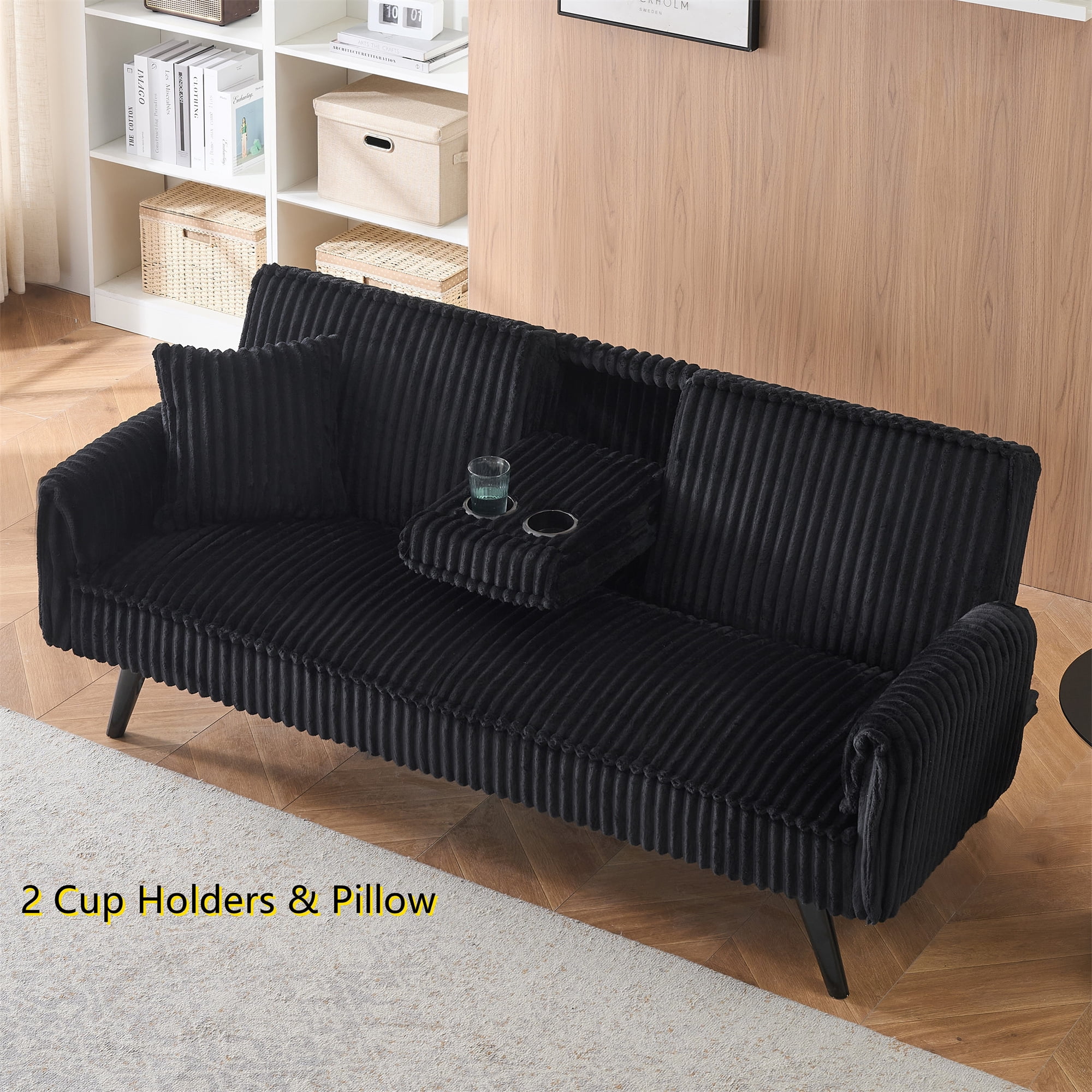 Aukfa 72" Futon Convertible Sofa Bed, 2 Cup Holders& Pillow, Straight-line Tufted Corduroy, Black