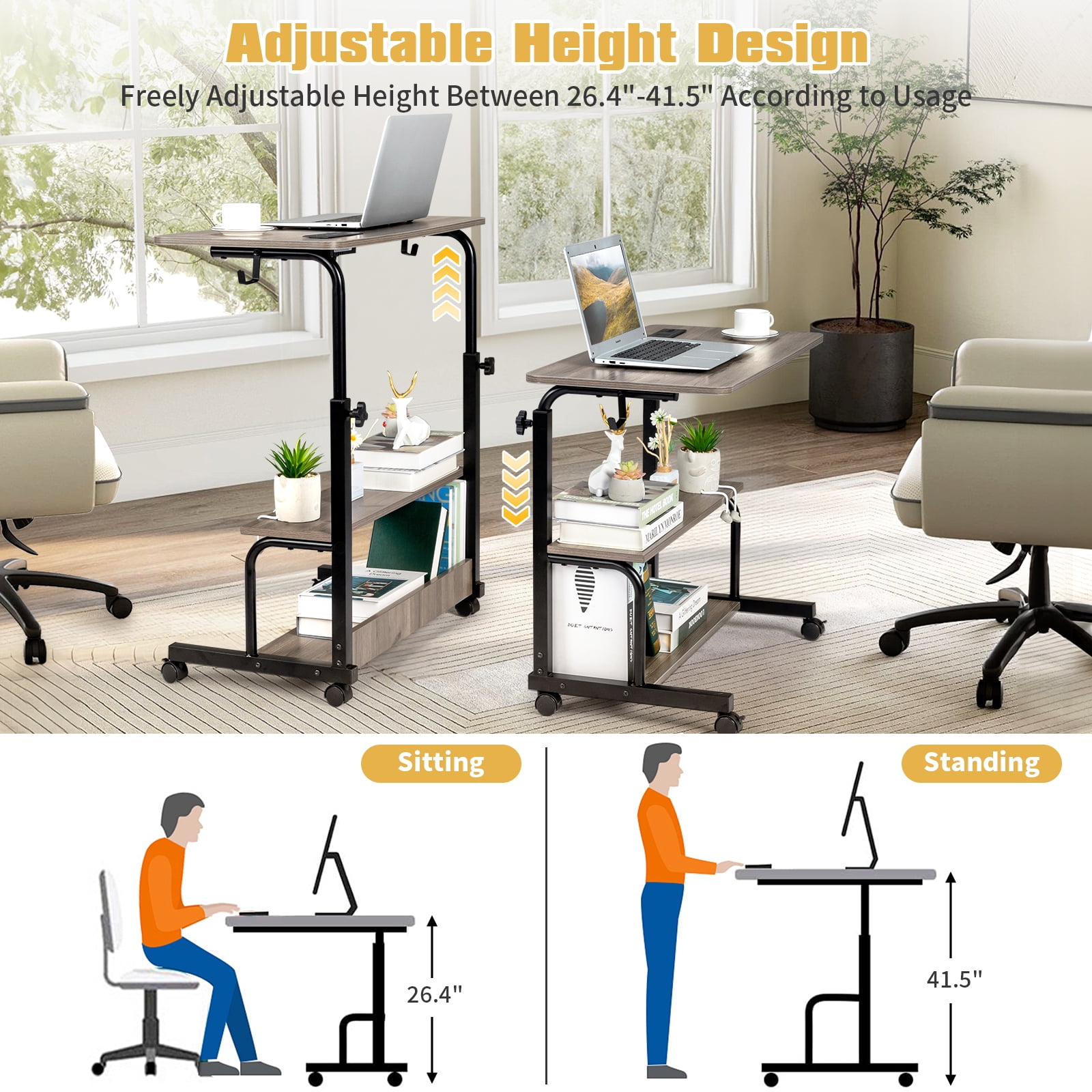 Zimtown Rolling Computer Laptop Desk Adjustable Side Table Sofa End Cart PC Tray with Charging Station