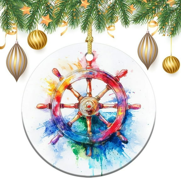 Ceramics Ornaments Nautical Themed Christmas Tree Ornaments Watercolor Ship's Wheel Illustration Ornament for Christmas Tree Gifts for Women Men On Christmas