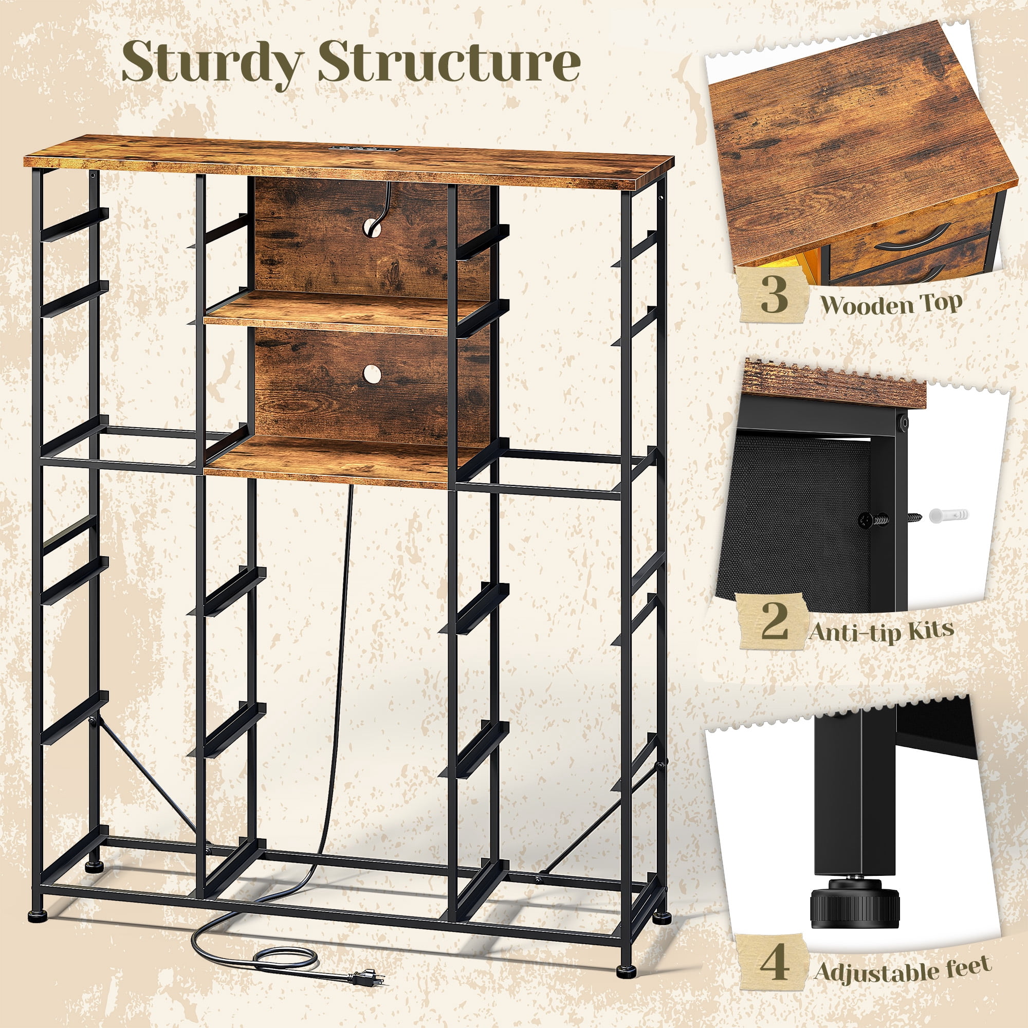 Romorgniz 51" H Dresser with 15 Fabric Drawers Tall Dresser for Bedroom with Charging Station & LED Lights, Rustic Brown
