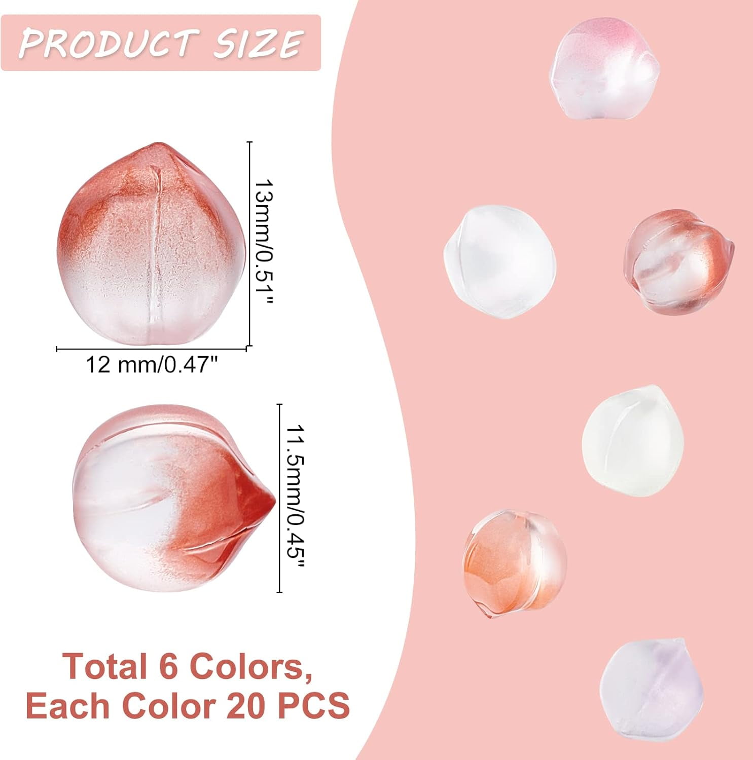 120Pcs Glass Beads Half Drilled 6 Colors Peach Shape Glass Pendants Beads Loose Spacer Beads for DIY Earring Necklace Jewelry Crafts Making Hole: 1.2mm