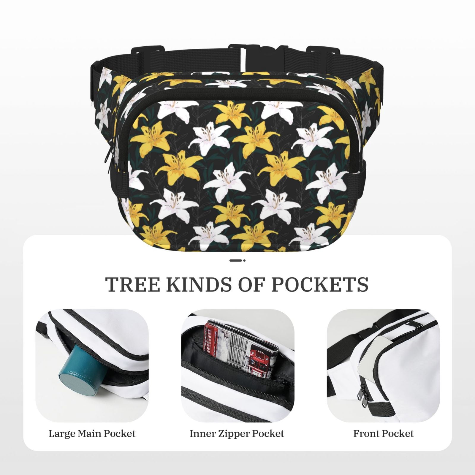 Picia Lilies Flowers Print Square Double-Layer Waist Bag Mini Adjustable Waist Belt Bag Exercise Running Travel Hiking