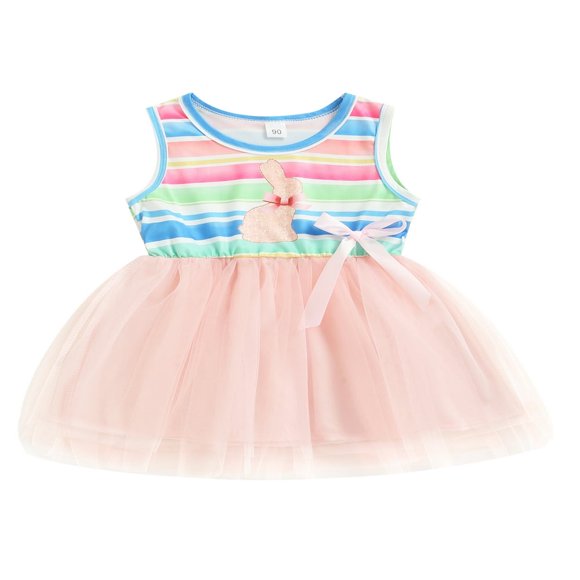 YOPTOP Kid Girls Easter Dress Sleeveless Bunny Floral Mesh Tulle Patchwork Dresses,pink,3-4years