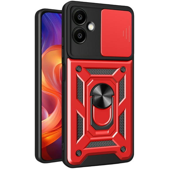 CSmall for Samsung Galaxy A06 Case with Slide Camera Lens Cover, Military Grade Shockproof Protection Cover with Rotate Ring Kickstand Case for Galaxy A06 SJ Red
