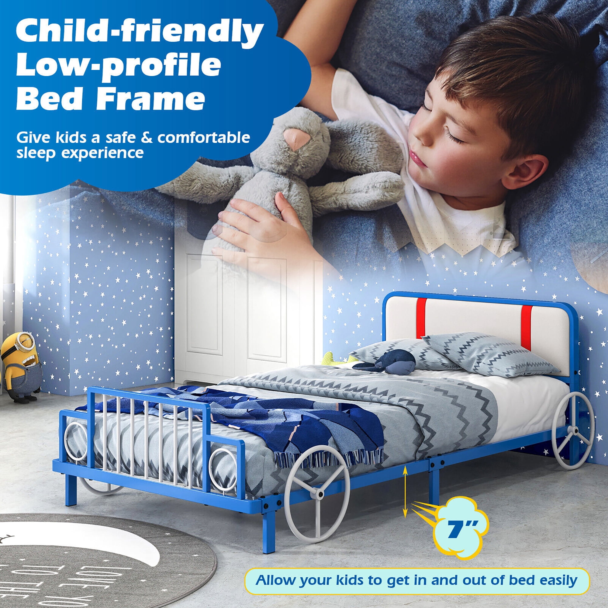 Gymax Twin Size Kids Bed Frame Car Shaped Metal Platform Bed w/ Upholstered Headboard