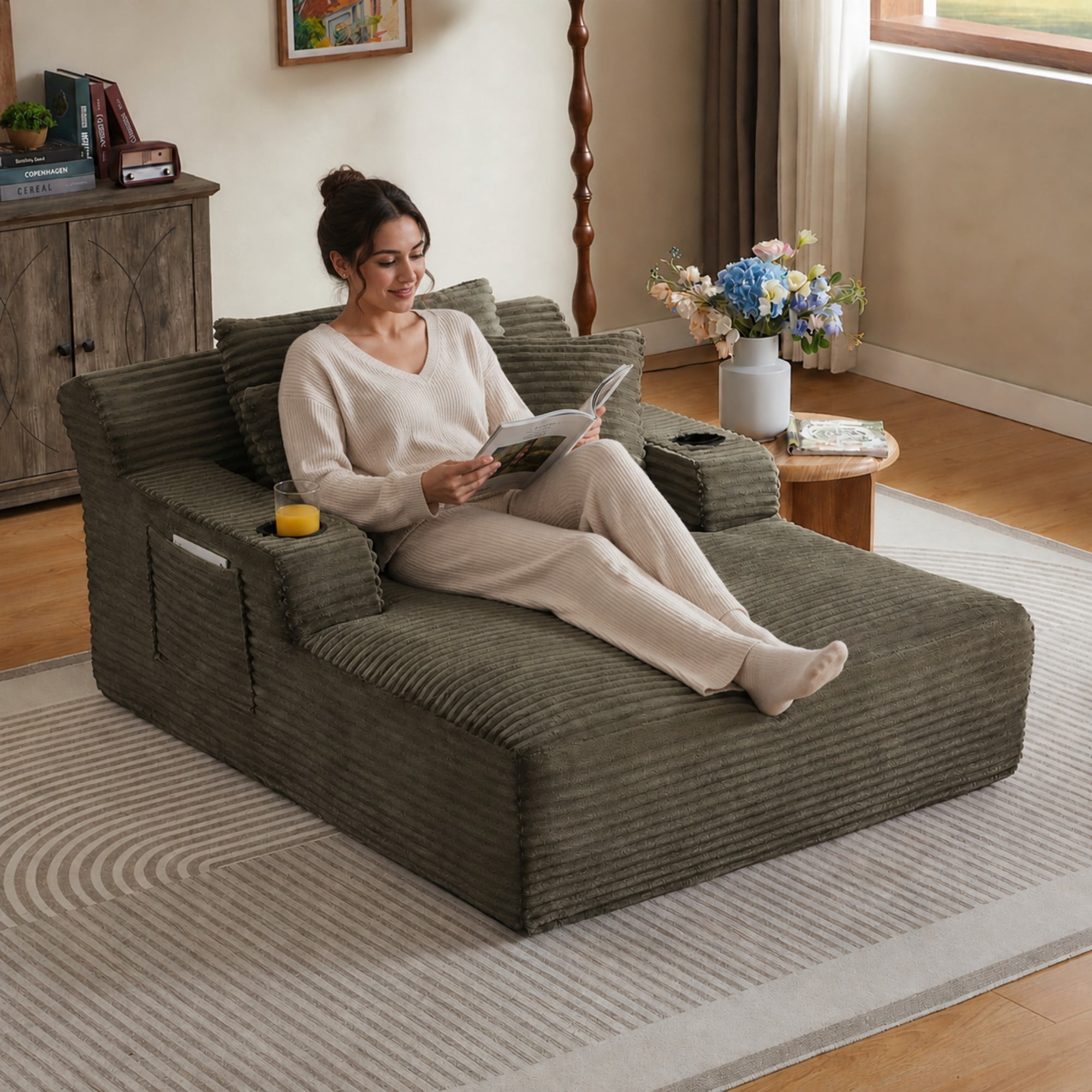 BSHTI 66.1" Corduroy Oversized Chaise Lounge Chair with Cup Holder, Side Pockets and Boneless Design for Living Room（Brown）