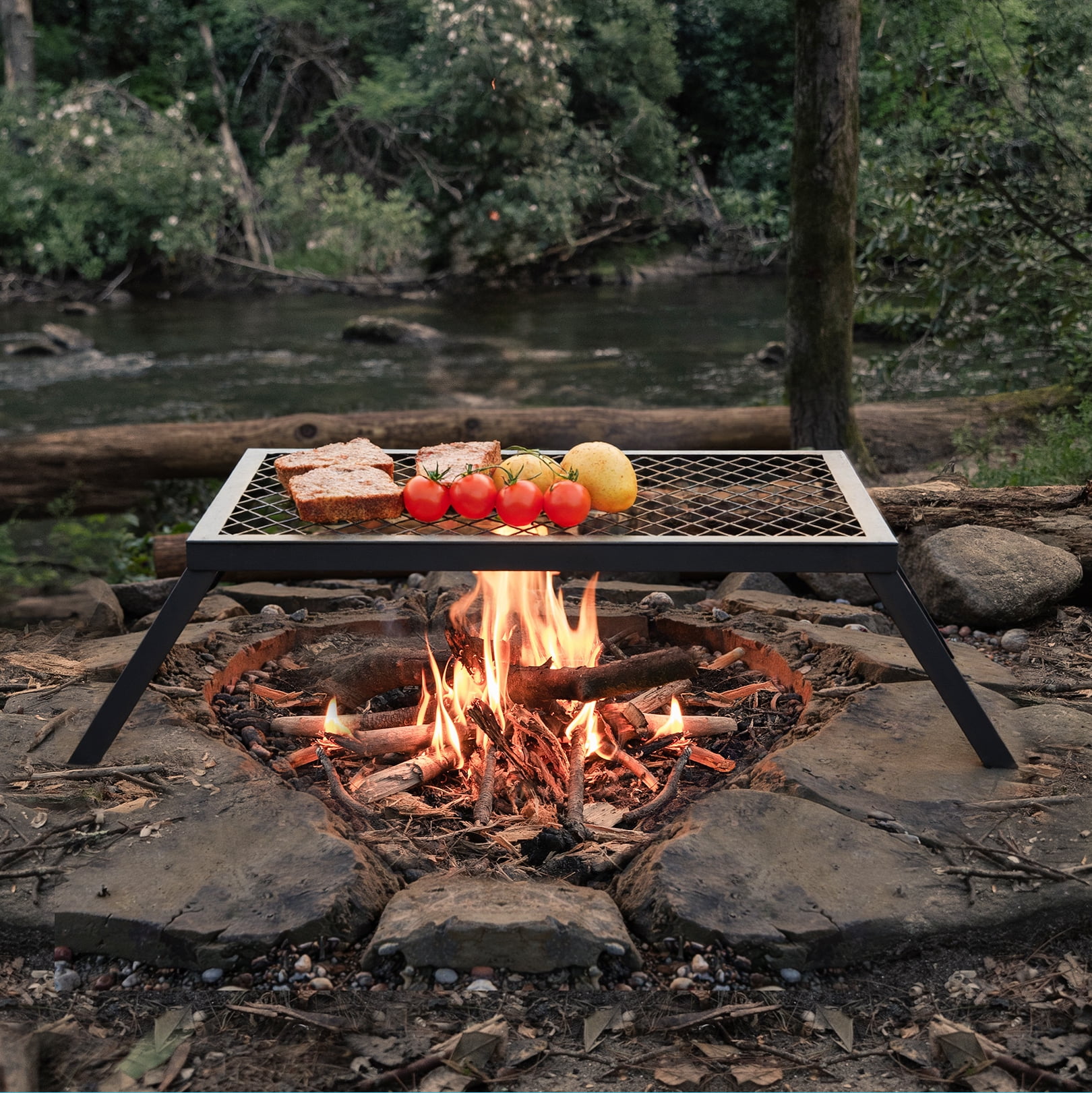 Ozark Trail 24" x 16" Carbon Steel Heavy-Duty Foldable Campfire Cooking Grill, Black