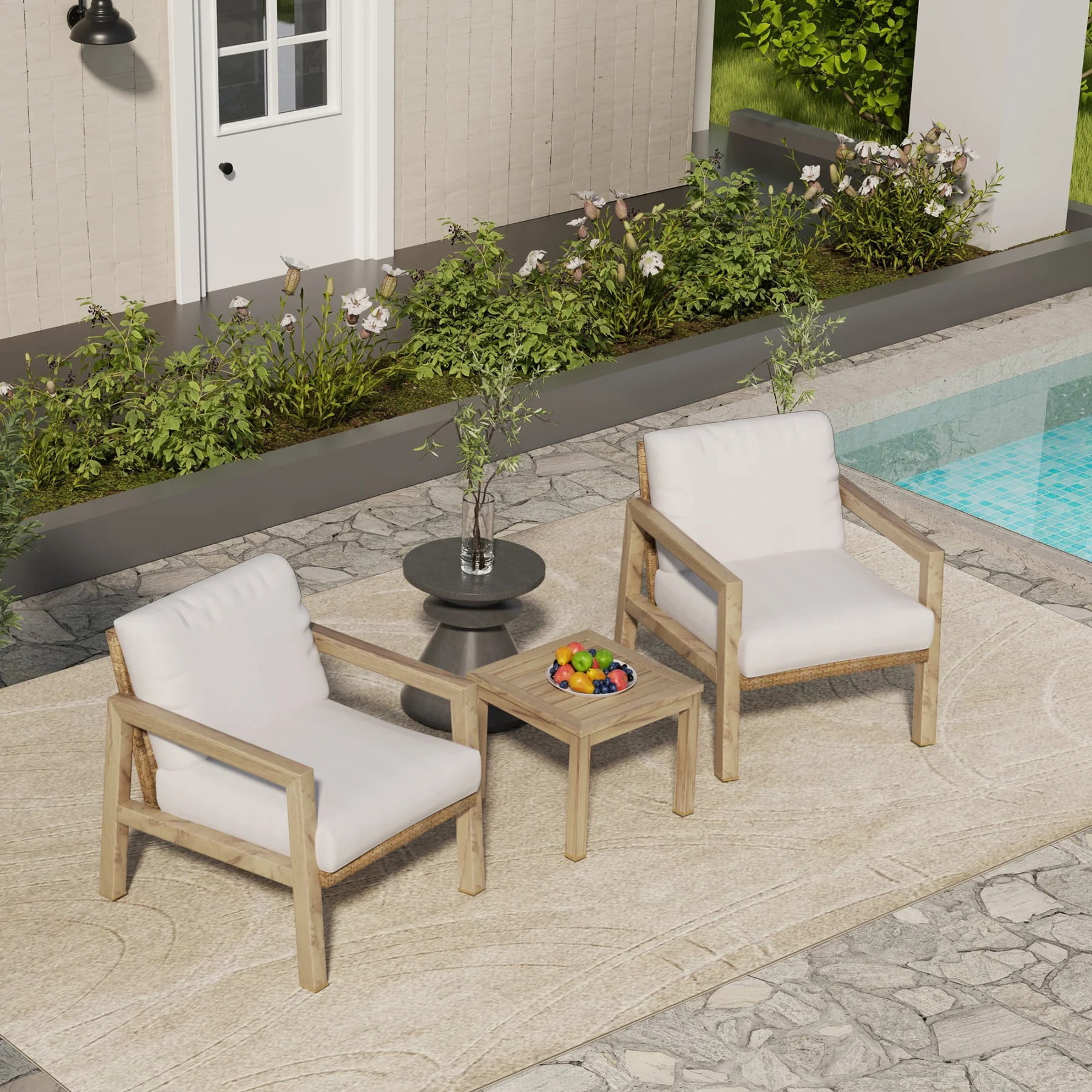 3-Piece Outdoor Patio Bistro Set, Aluminum Chairs with Wicker Back & Cushions, Woodgrain Side Table Conversation Set for Garden Balcony Porch