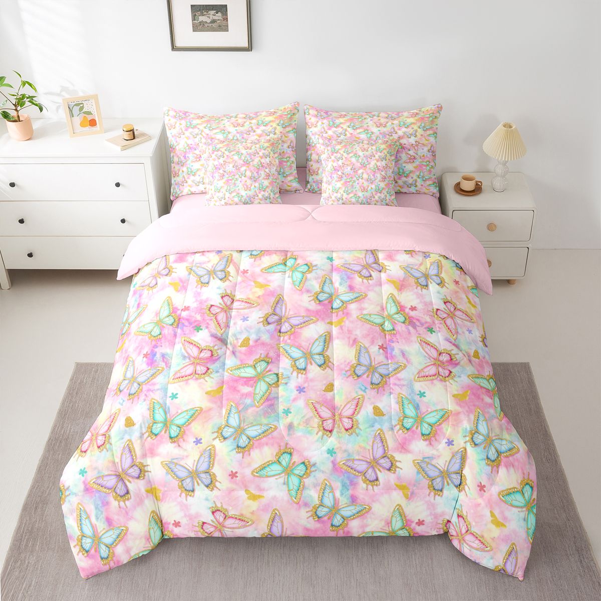 jejeloiu Cute Cartoon Butterflies 7-Piece Twin Bedding Sets,Modern Watercolor Aesthetic Bedding Comforter Set,Gold Glitter Print Sheet Sets For Kids,Breathable Home Decor Reversible
