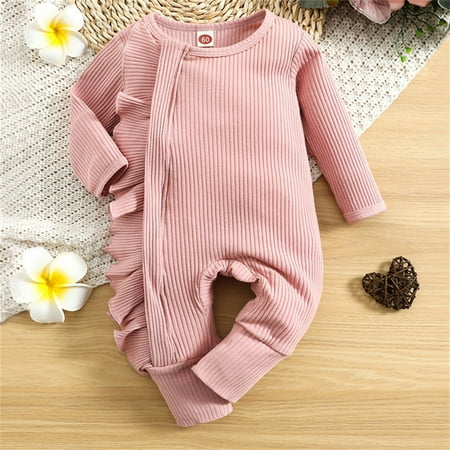 

Baby Girls Boys Solid Ruffle Autumn Long Sleeve Ribbed Romper Jumpsuit Clothes Red 60