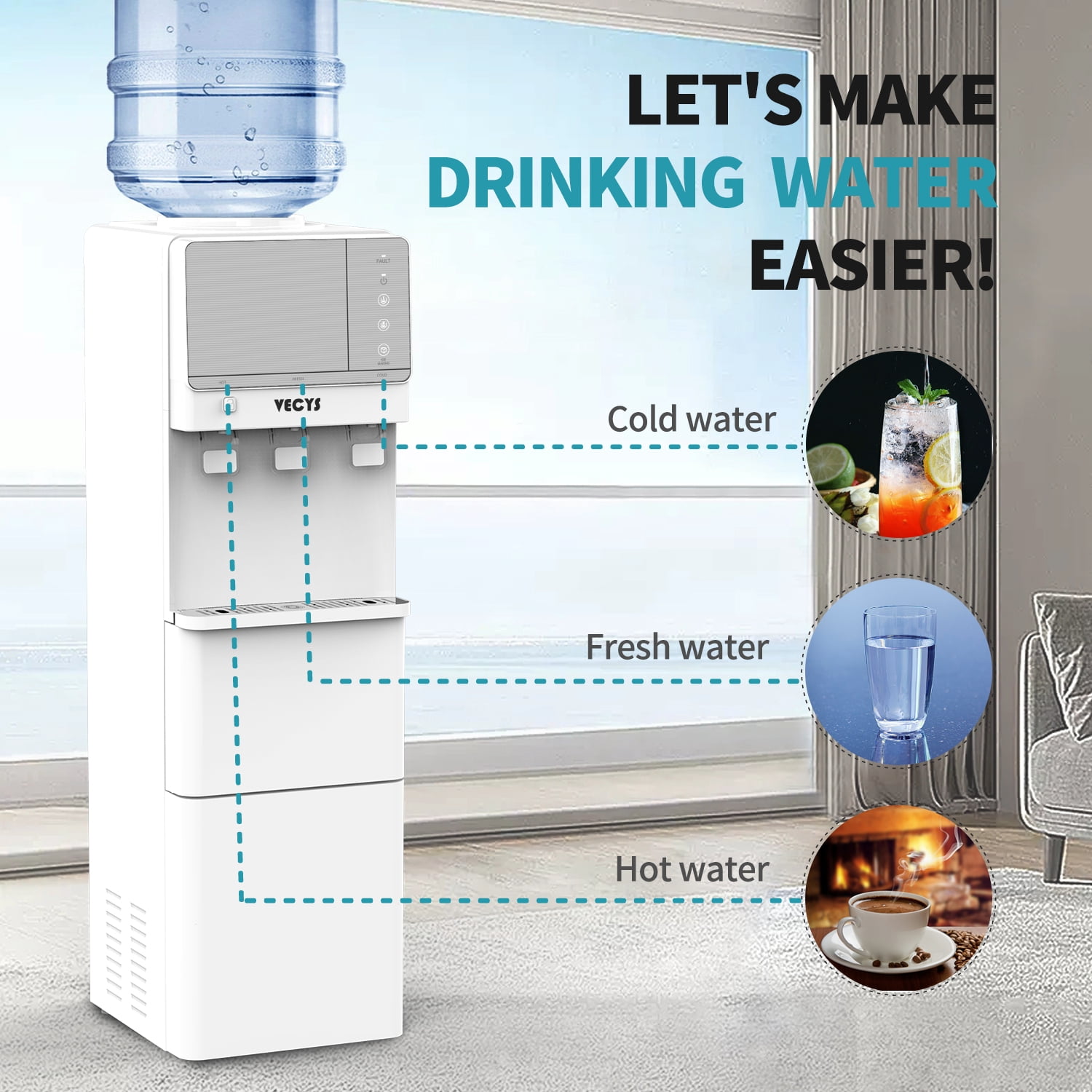 VECYS Countertop Hot Cold Water Dispenser with Ice Maker, 27 lbs Daily Ice, Child Lock