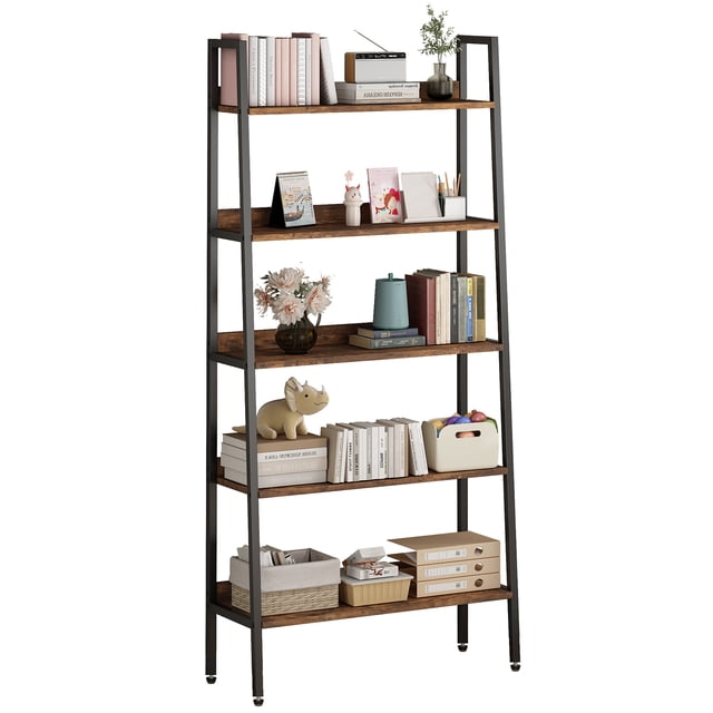 5-Tier Bookshelf, 67 Inch Open Shelf Bookcase, Rustic Brown Wood Storage Rack with Metal Frame & Adjustable Feet, Storage Organizer for CDs/Books/Movies, Book Shelf for Office Living Room Bedroom