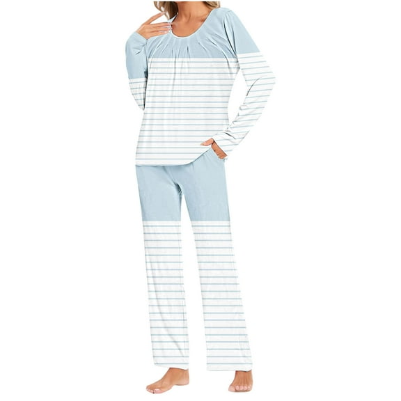 cfhntfmh 2 Piece Pajama Sets Women Sleepwear Crewneck Long Sleeve Pleated T-Shirts Lounge Wide Leg Pants Pjs Color Block Sets