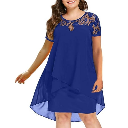 

jsaierl Fashion Summer Women Casual Plus Size Sheer Lace Sleeve High Low Hem Round Neck Swing Dress for Women 2022