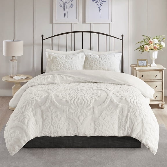 Noaman Full/Queen 3 Piece Tufted Cotton Chenille Damask Duvet Cover Set, Off White, 90x90 Inches with 2 Shams